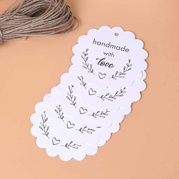 White Scalloped Shaped Paper Tags with Jute Twine, Pack of 200