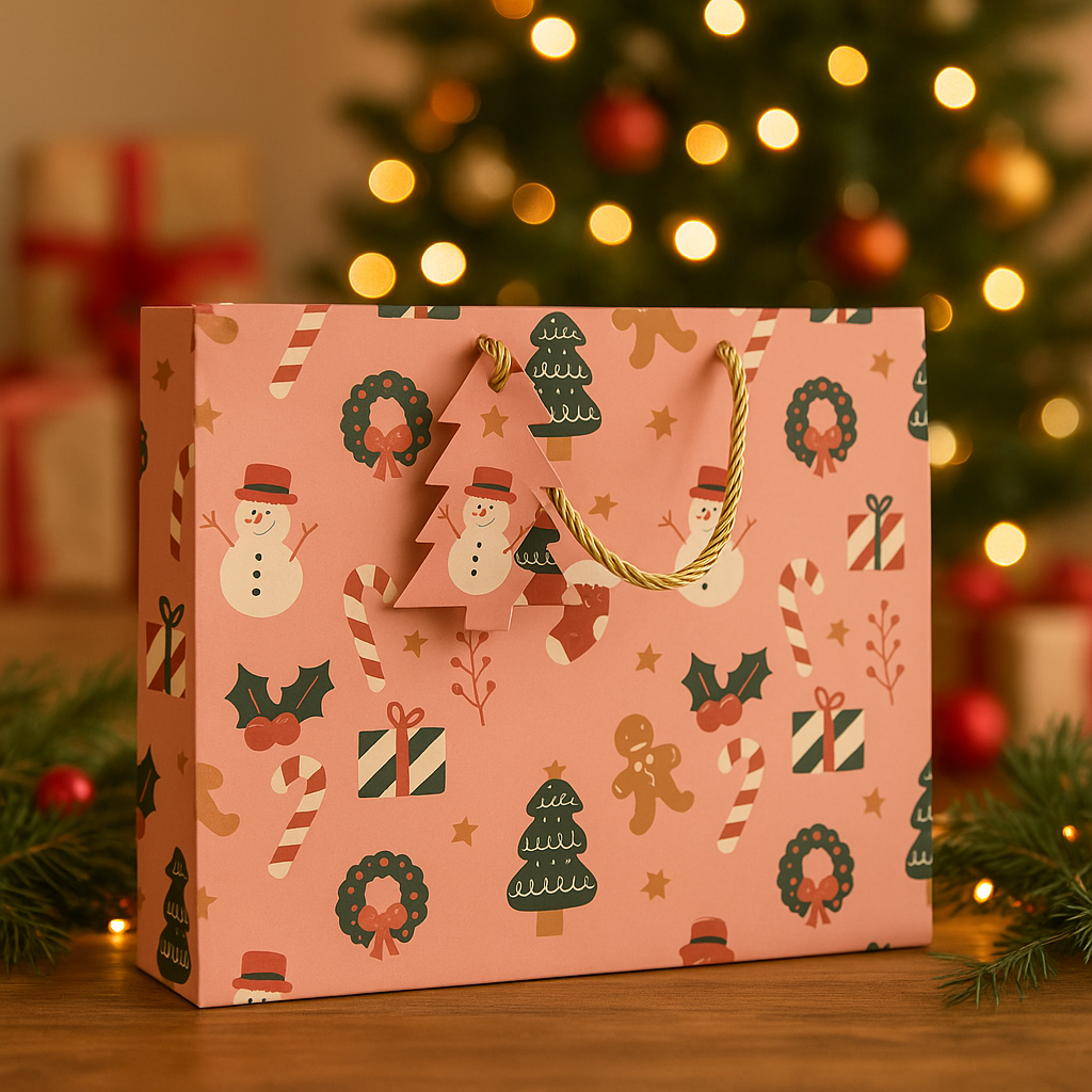 Mudrit Christmas Paper Carry Gift Bags with Handles and Tags, Holiday Theme Pattern, 300 GSM Paper, 12 x 10 x 4 inches (Green, Pack of 5)