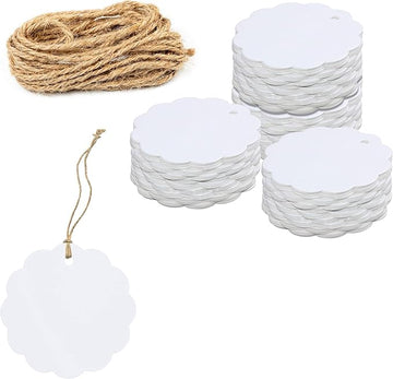 White Scalloped Shaped Paper Tags with Jute Twine, Pack of 200