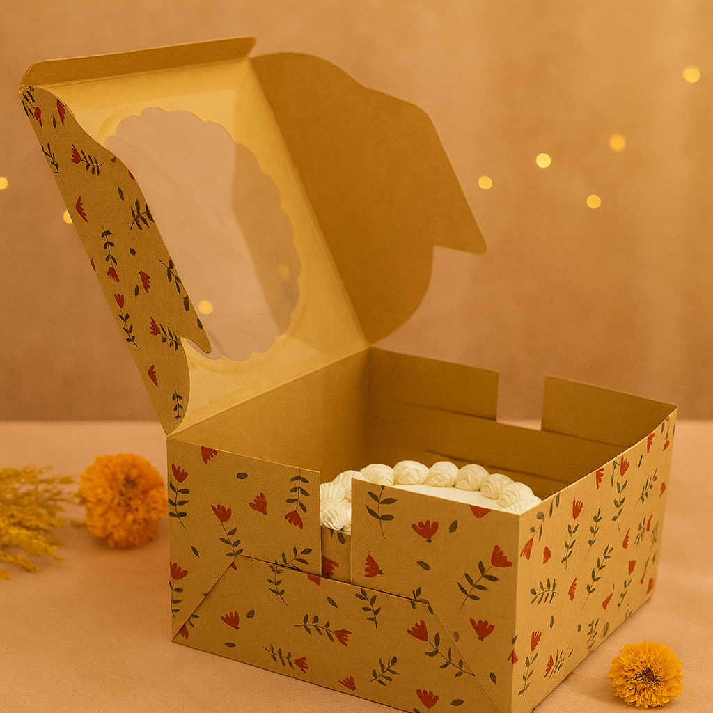 Red Print Cake Box with Window for 1 kg and half kg cakes, donuts, cookies, size - 8x8x5 inches