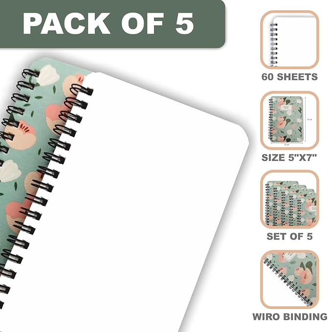 Blue Floral Wirobound Pocket Notebook (A6), Pack of 5